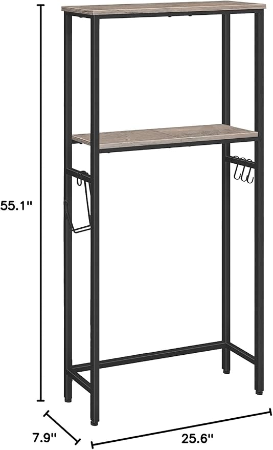 HOOBRO Over-The-Toilet Storage, 2-Tier Bathroom Organizer Over Toilet, Bathroom Shelves with Toilet Paper Holder and Hooks, Freestanding Storage Shelf, Space Saver, Greige and Black BG49TS01