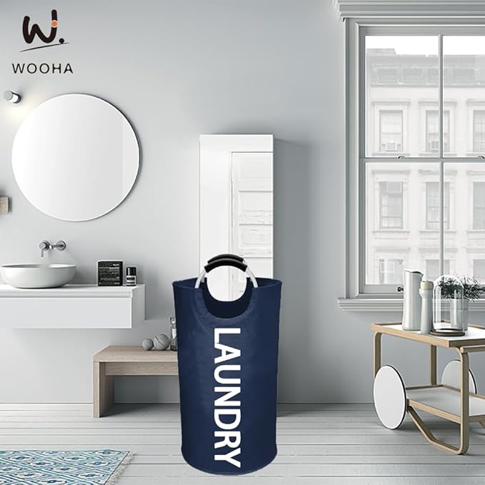 WOOHA 95L Large laundry basket,Collapsible laundry hamper, Tall Clothes Baskets Folding Washing Bin Foldable Fabric Hamper Bags for Bedroom, Closet,Bathroom,College,laundry bag,navy blue