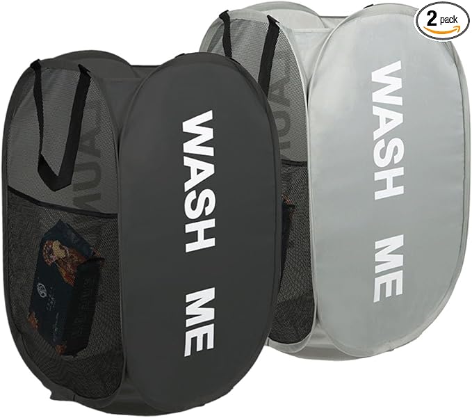 2pcs Pop Up Mesh Laundry Hamper Room Collapsible Storage Bin Lightweight Basket For College Dorm Home Travel Camping (Black & Grey)
