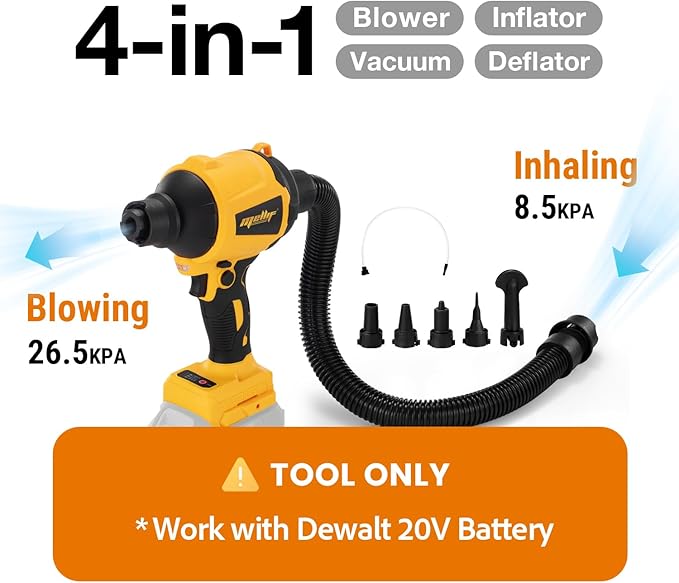 Cordless Compressed Air Duster & Blower Compatible with DeWalt 20V MAX Battery (Tool Only), Brushless Motor, 3-Speed Adjustable, 50,000 RPM, LED Light, Portable Inflatable Pump for Cleaning, Camping