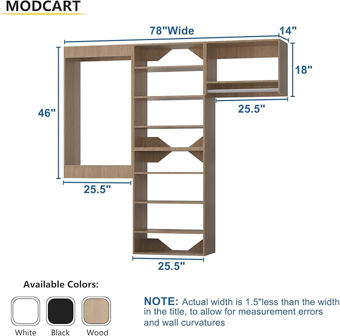 Modular Closet System, 78" Wide Organizer With Towers and Hanging, Wood Tower Storage for Walk In Closets, Wall Mounted Wardrobe Kit, Bedroom