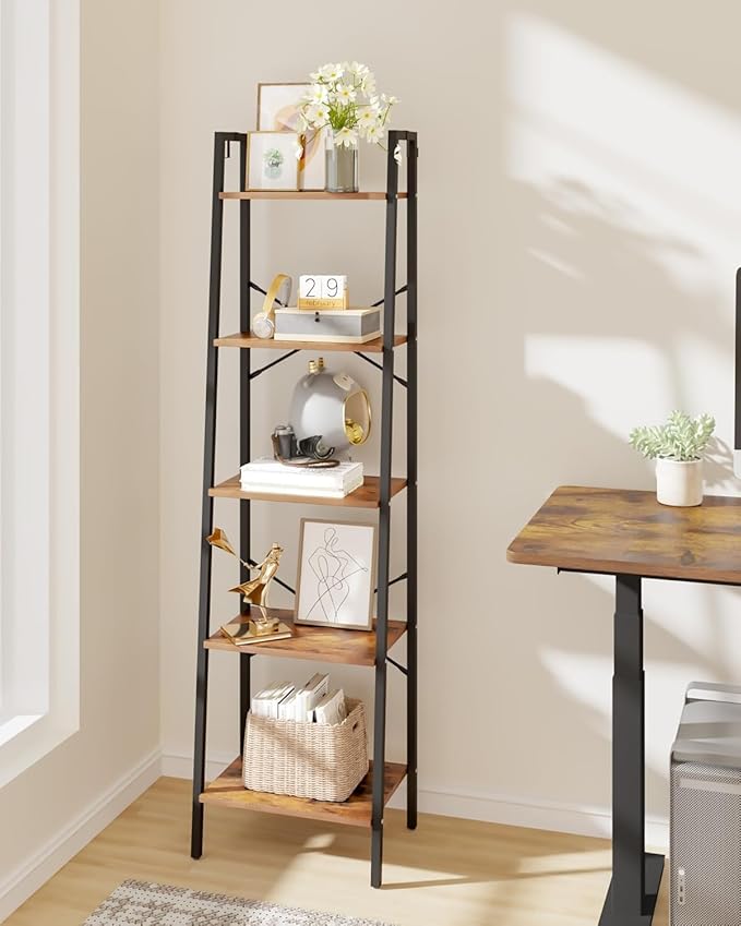 Ladder Shelf, Bookshelf Bookcase, Freestanding Corner Storage Shelve with 2 Hooks for Home Office, Living Room, Kitchen, Bedroom, Industrial, 11.8" D x 17.3" W x 63" H, Rustic Brown BC19201B