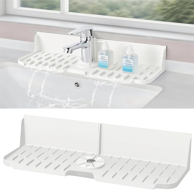 Silicone Kitchen Countertop & Sink Splash Guard, Silicone Sink Faucet Drying Mat, Faucet Mat for Kitchen Sink, 16.9” x 5.5’’ x 3.9’’ Splash Guard for Kitchen, Bathroom (Transparent)