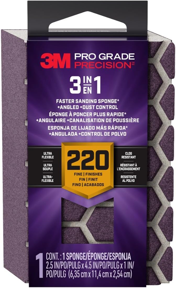 3M DCDA220-PGP-1T Pro Grade Precision 3-in-1 Angled Faster Sanding Sponge, 220-Grit Extra-Fine, 2.5" x 4.5" x 1"