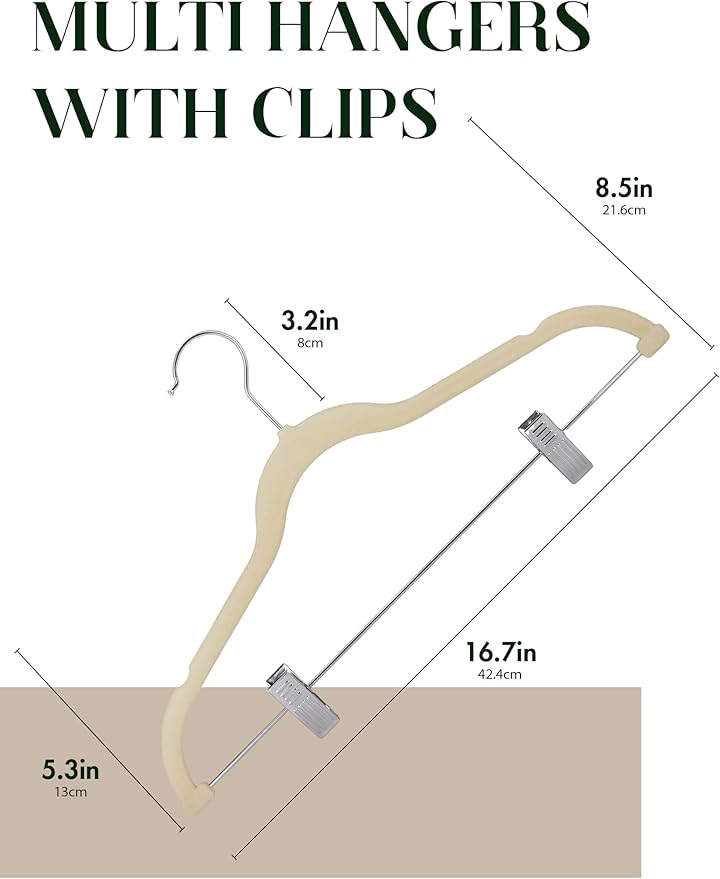 Cozymood Velvet Skirt Hangers - Pack of 24 - Velvet Hangers with Clips Ultra Thin Non Slip Velvet Pants Hangers Space Saving Clothes Hanger for Trouser, Skirts, Jeans, Dress (Beige)