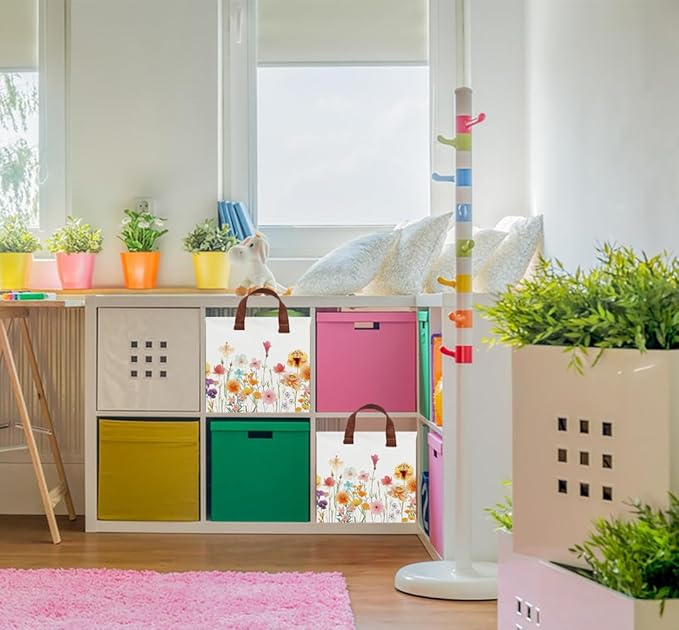 Rectangular Storage Basket Empty,Toys Storage Bin with Handles,Baby Room Decor,Gift Basket,Book Box(Flower)