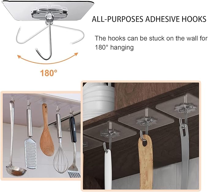 Adove Adhesive Hooks for Hanging, Heavy Duty Wall Hooks 20 Pack, Removable Sticky Ceiling Hooks, Transparent Self Adhesive Shower Hooks, Water & Oil Proof Strong 22lb(Max) Door Coat Hooks