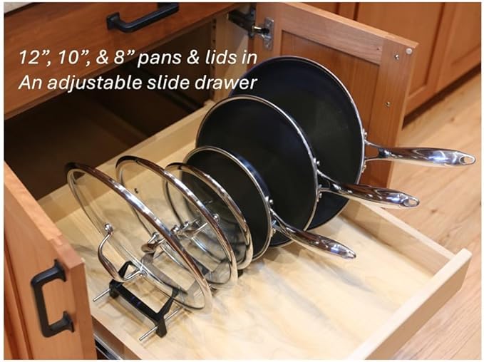 Pan & lid rack for storage or drying for kitchenware from Hexclad, T-fal, Circulon, Calphalon, Carote, Cuisinart, Blue Diamond, and others including induction pans