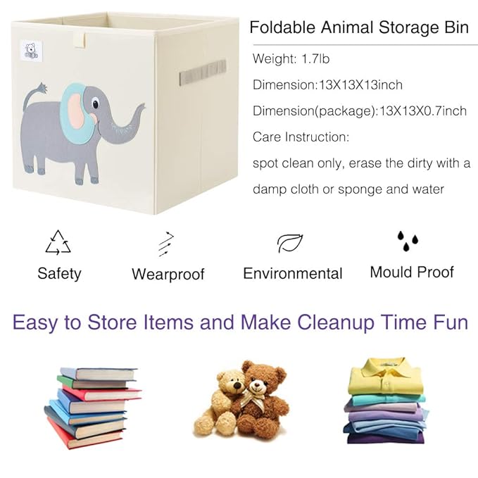 CLCROBD Foldable Animal Cube Storage Bins Fabric Toy Box/Chest/Organizer for Toddler/Kids Nursery, Playroom, 13 inch (Cute Elephant)
