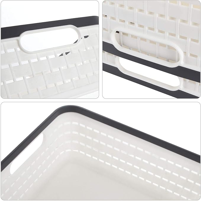 CertBuy 3 Pack Plastic Storage Baskets 14 x 10 x 4.5 Inch, Large Weave Storage Bins with Handle for Cabinet, Shelf, Kitchen, Bedroom, Bathroom and office – White
