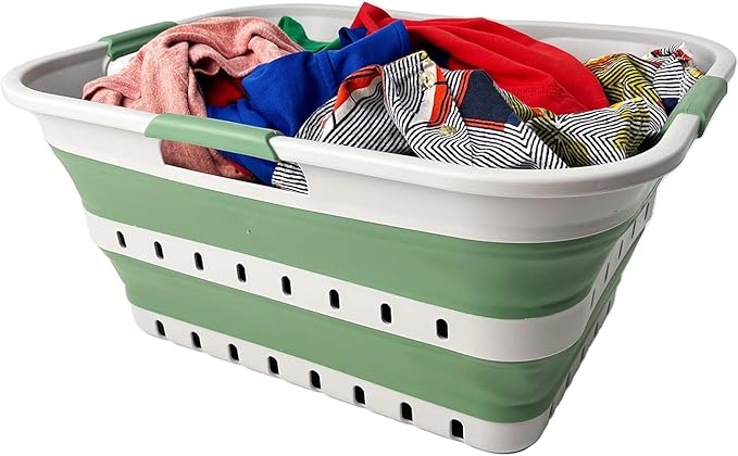 SAMMART 42 (11 Gallons) Collapsible Plastic Laundry Basket, Foldable Pop Up Storage Container/Organizer, Space Saving Hamper, Portable Bin for Dorm Room Bathroom (1, Grey/Dark Sea Green)