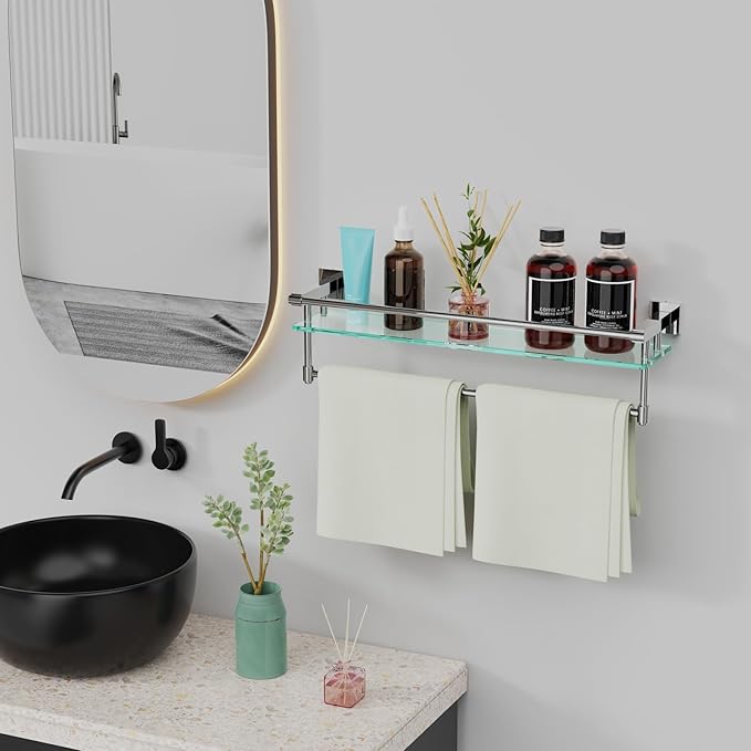 SFGSOWOR 24 Inches Floating Glass Shelves for Wall with Towel Bar/Track, SUS 304 Stainless Steel Railing Tempered Glass Shelf, for Toilet, Room Decor Modern (Chrome Polished, 24-inch)