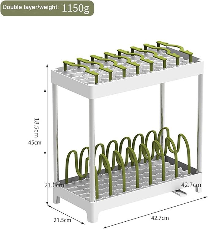 Double-Layer Pot and Pan Lid Organizer with Drainage, Adjustable 16 Compartments for Kitchen Cabinets - Bakeware, Cookware, Cutting Boards & Dishes (Nordic Green)