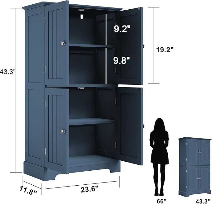 ChooChoo Bathroom Floor Cabinet, Modern Bathroom Storage Cabinet with 4 Doors and Adjustable Shelves, Freestanding Cupboard for Living Room, Blue