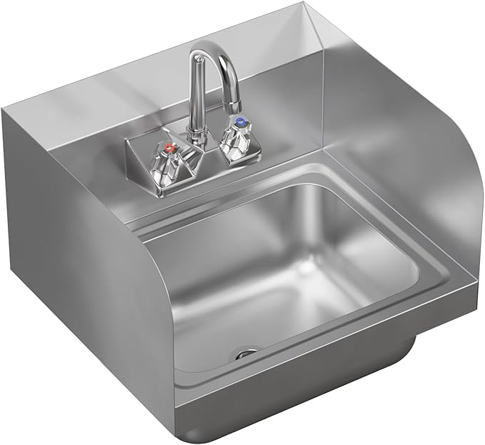 AmGood Stainless Steel Wall Mount Hand Sink with Faucet and Sidesplash 17" x 15" | NSF Commercial Hand Washing Basin For Restaurant, Kitchen and Home | Bowl Size: 10" x 14"