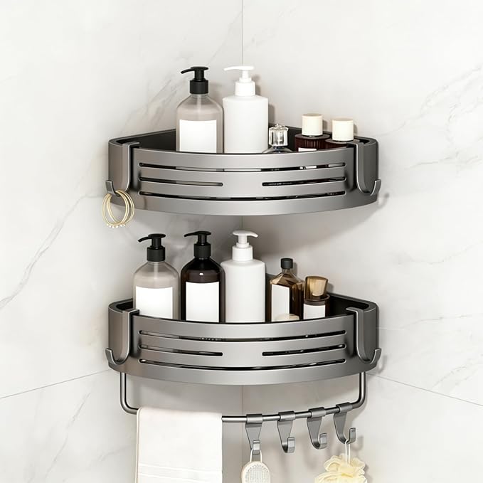 2-Tier Corner Shower Caddy, No Drilling Shower Organizer with Towel Bar and Hooks, 11.8x8.9x2.6 in Adhesive Shower Shelf, Rustproof Aluminum Bathroom Corner Storage