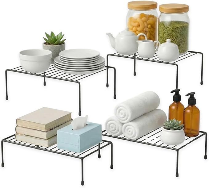 Evelots Kitchen Cabinet Wire Shelf Organizer/Rack - 4 Pack Sturdy Large Metal Shelf Risers - Double Your Counter Space - Great for Kitchen, Freezer, Pantry and Bathroom - Rustproof - Black
