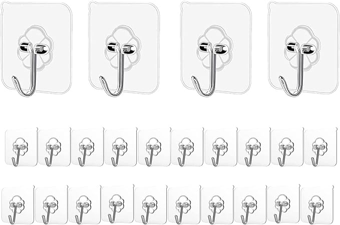 Adhesive Hooks Kitchen Wall Hooks - 24 Packs Heavy Duty 24lb(Max) Nail Free Transparent,Waterproof,Sticky Stainless Hangers for Keys,Bathroom, Shower, Outdoor, Kitchen,Door,Home Improvement,Utility