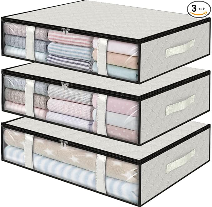 StorageRight Under Bed Storage Bins, 3-Pack 40L Foldable Fabric Storage Bags with Transparent Window, Breathable Organizer for Clothes/Blanket/Comforter/Quilt, White
