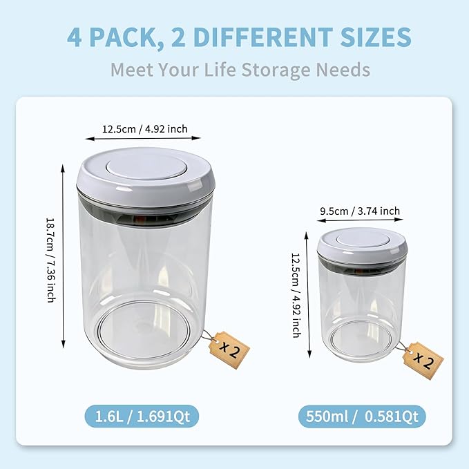 Airtight Pop Top Food Storage Container Sets with Lids 4Pcs Round Pop Containers for Kitchen Pantry Organization BPA-Free Stackable Kitchen Storage Containers for Cereal Flour Sugar (0.6, 1.7qt)*2