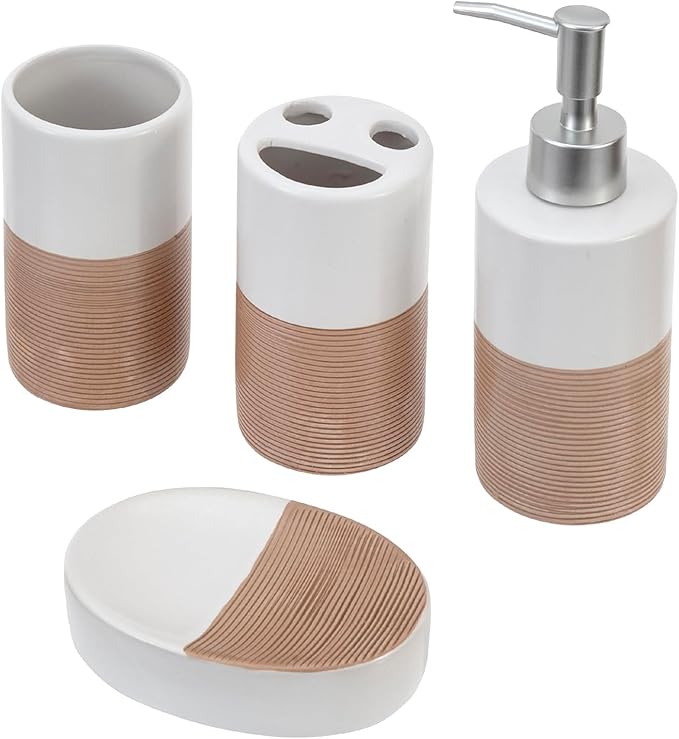 MyGift 4 Pcs Soap Dispenser and Toothbrush Holder Set, Ceramic Bathroom Accessories Set, Soap Dish, Pump Dispenser, Tumbler Cup, Dual Tone White with Clay Stripe
