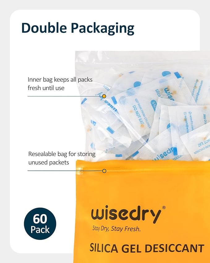 wisedry 5 Gram [60 Packs] Food Grade Silica Gel Packs Rechargeable Desiccant Dehumidifiers Pouches with Color-Indicating Beads Reusable Moisture Absorbers for Food Storage