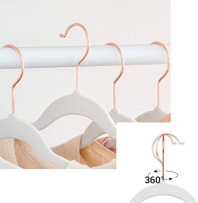 SONGMICS Slim Velvet Hangers, Non-Slip Clothes Hangers with Rose Gold Swivel Hooks, Space-Saving, for Closet, 30 Pack, White UCRF026W30