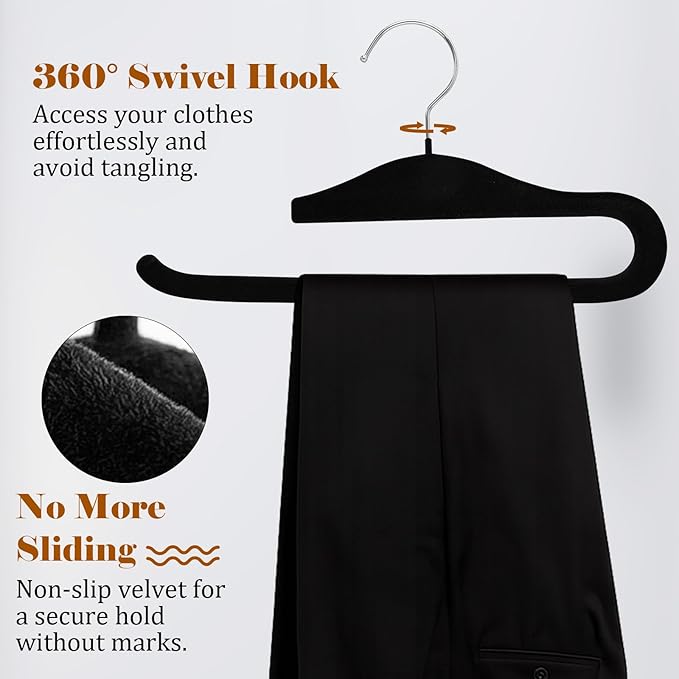 Velvet Hangers Non Slip,20 Pack Space Saving Pants Hangers,Thin Space Saving Clothes Hanger for Closet, Durable Heavy Duty Hanger with 360 Swivel Hook for Pants Towel Jeans(Black)