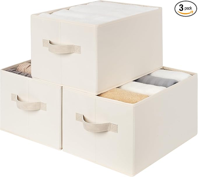 StorageWorks Closet Organizers and Storage Bins, Fabric Storage Baskets for Shelves, Linen Closet Organizer for Clothes, Beige, 3-Pack, Large