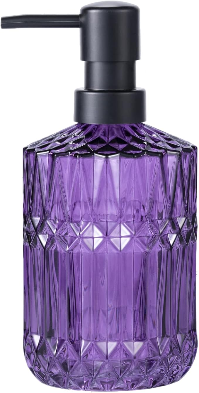 Diamond Design 12 Oz Purple Glass Soap Dispenser,Refillable Lotion Soap Dispenser for Bathroom, Kitchen, Hand Soap, Dish Soap,Shampoo, Ideal for Bathroom Countertop. (Purple)