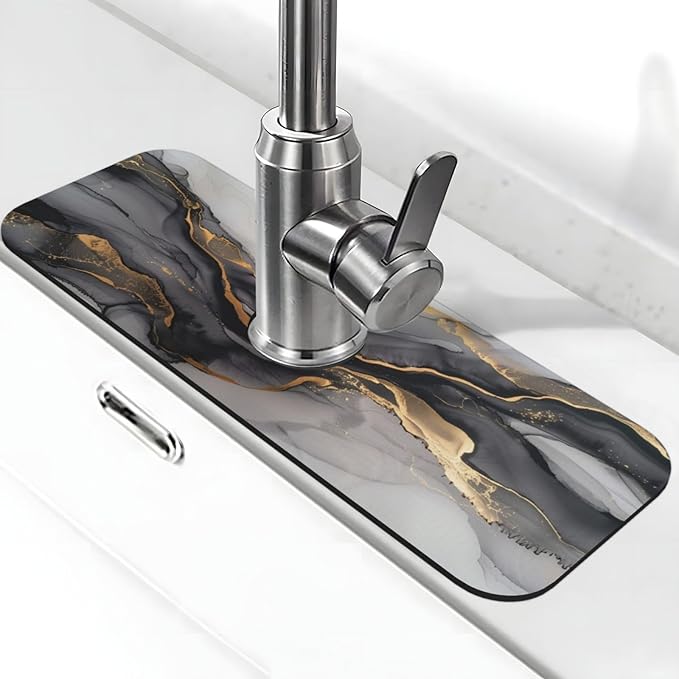 Faucet Draining Mat For Kitchen Sink, Black And Gold Marble Diatom Mud Absorbent Drain Pad For Bathroom Kitchen Sink Splash Guard Drying Mat
