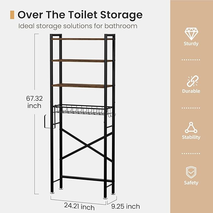 Over The Toilet Storage Cabinet, 4-Tier Bathroom Organizers and Storage with Adjustable Shelves, Freestanding Over-The-Toilet Shelf for Restroom, Laundry, Rustic Brown