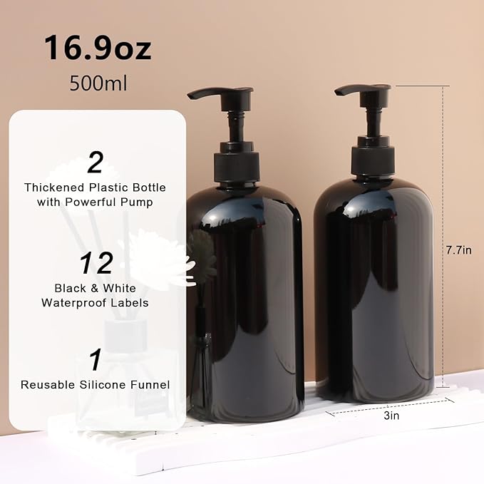 Soap Dispenser with Waterproof Labels, Thickened Plastic Hand Soap Dispenser for Bathroom, Kitchen Dish Washing Liquid Bottles, Shampoo and Conditioner Bottles (16.9 oz, Set of 2, Black)