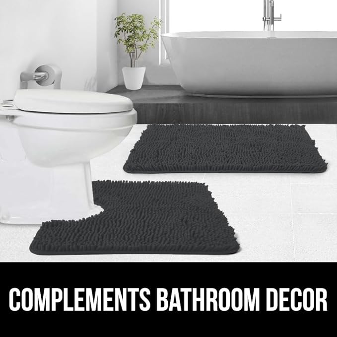 GORILLA GRIP Plush Absorbent Shaggy Chenille Bath Rug Mat for Oval Toilet Base with Rubber Backing, Machine Washable Rugs, Soft Microfiber Contour Mats for Toilets, Bathroom Decor, Charcoal