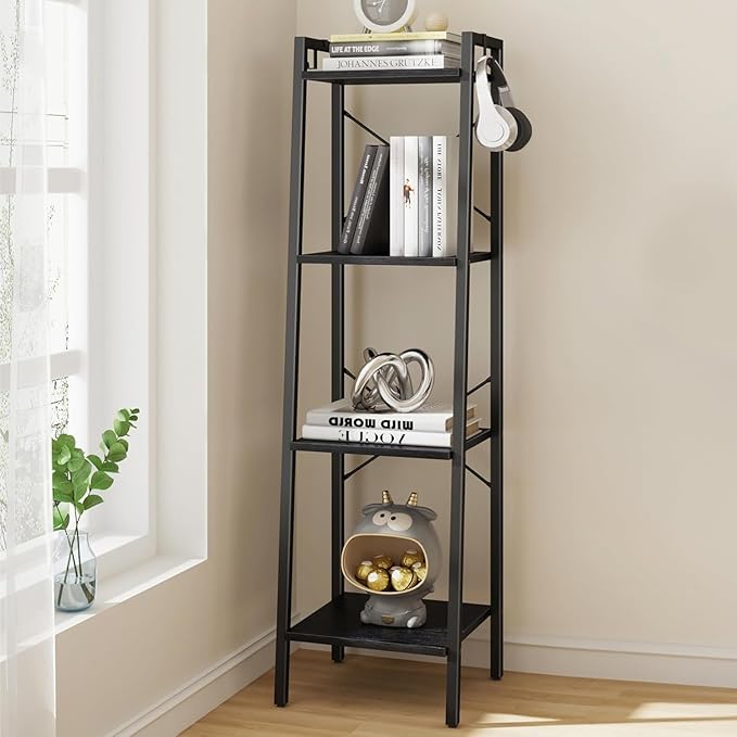 Ladder Shelf, Bookshelf Bookcase, Freestanding Corner Storage Shelve with 2 Hooks for Home Office, Living Room, Kitchen, Bedroom, Industrial, 11.8" D x 13.4" W x 47.2" H, Black BC13204B