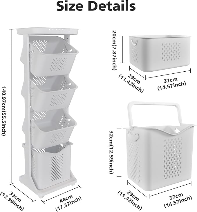 4-Tier Laundry Hamper Sorter, Vertical Rolling Laundry Baskets with Wheels Removable, Stackable Laundry Cart Organizer and Storage for Small Space, Dorm, Closet, Bathroom
