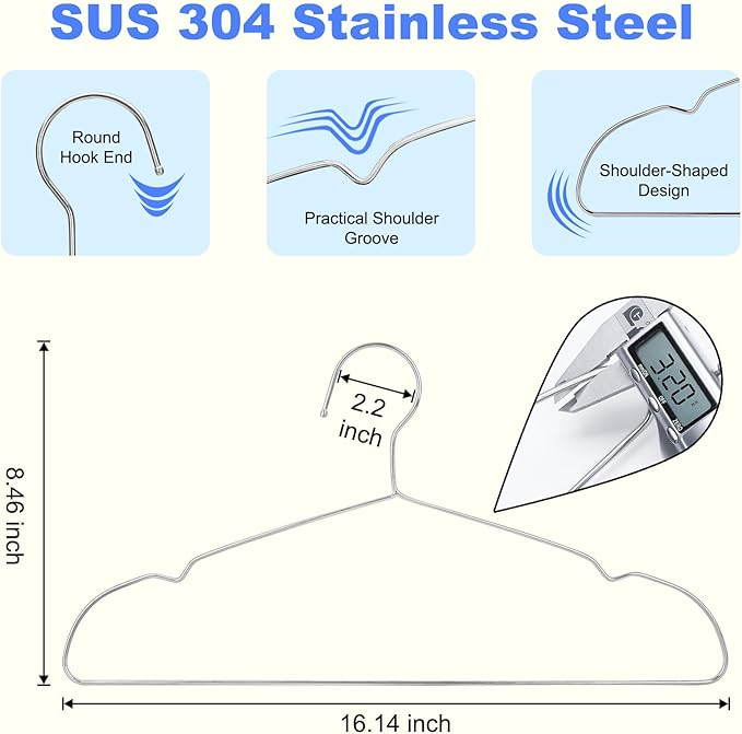 Clothes Hangers 50 Pack Heavy Duty, Ultra Slim Coat Hangers Space Saving, Non Slip Wire Metal Hanger Stainless Steel Hangars for Suit Skirts Pants Bra Closet Organizer Dorm Room Essentials 16.2 Inch