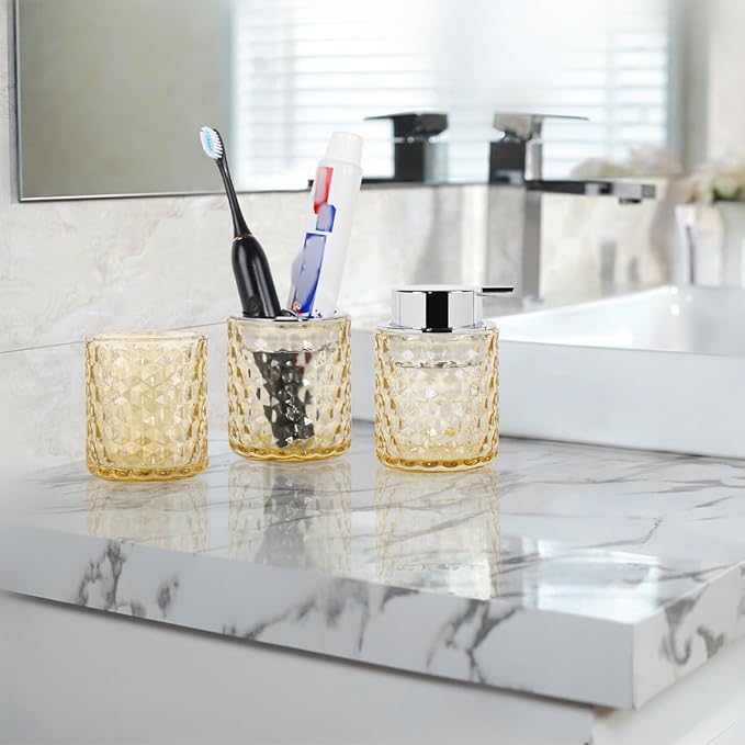 Bathroom Accessories Set, 3pcs Amber Glass Bathroom Accessory Set, Toothbrush Holder, Foaming Soap Dispenser and Tumbler, Silver Bathroom Decor Sets for Organizer, Home Apartment Gift