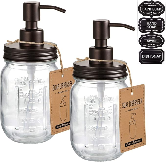 Amolliar Mason Jar Liquid Soap Dispensers, Rustproof Stainless Steel Mason Jar Lid Pump, Refill Hand Soap, Lotions, Dish Soap, Liquid Soap, Bath Soap, Farmhouse Decor for Bathroom, Kitchen 2PC(Bronze)
