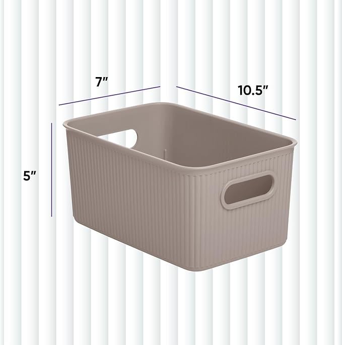 Decorative Plastic Basket Open Home Storage Bins Organizer Baskets, Medium Taupe (2 Pack) Container Boxes for Organizing Closet Storage Bins for Shelves Drawer Shelf - Ribbed Collection 5 Liter