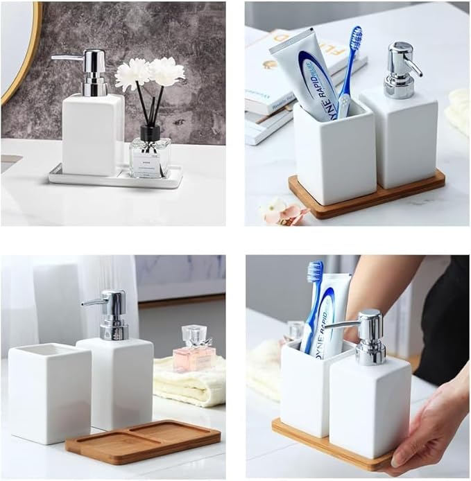Toothbrush and Soap Holder,Bathroom Accessory Set 3 Pcs,Liquid Ceramic Soap Dispenser,Toothbrush Holder,Soap Dish,Modern White Countertop Bath Decor Set