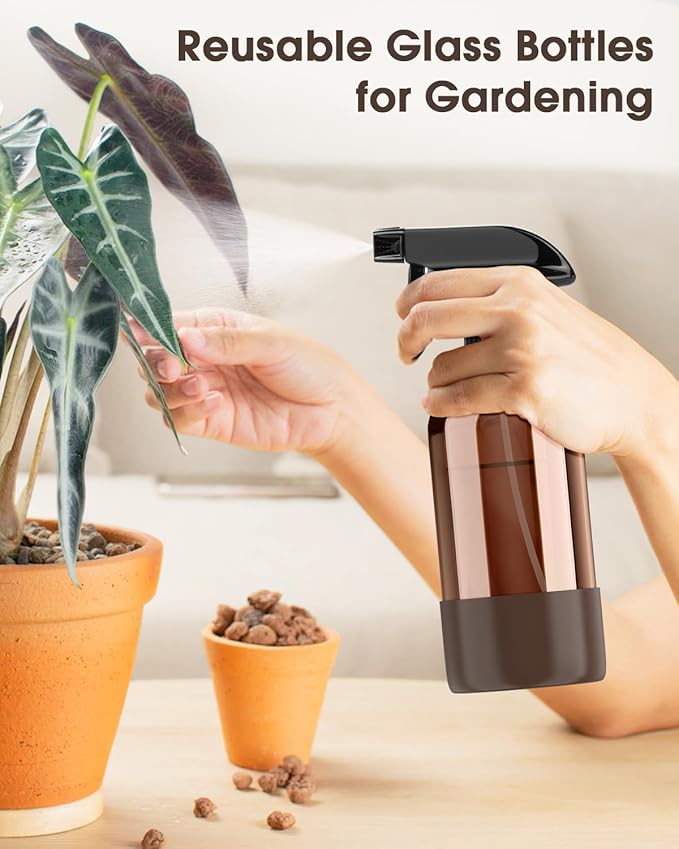 Glass Spray Bottle with Silicone Sleeve Protection, Amber Glass Spray Bottle Set for Window Cleaner Aromatherapy Facial Hydration Watering Flowers Hair Care 2 Pack/16 oz (Black & Brown)