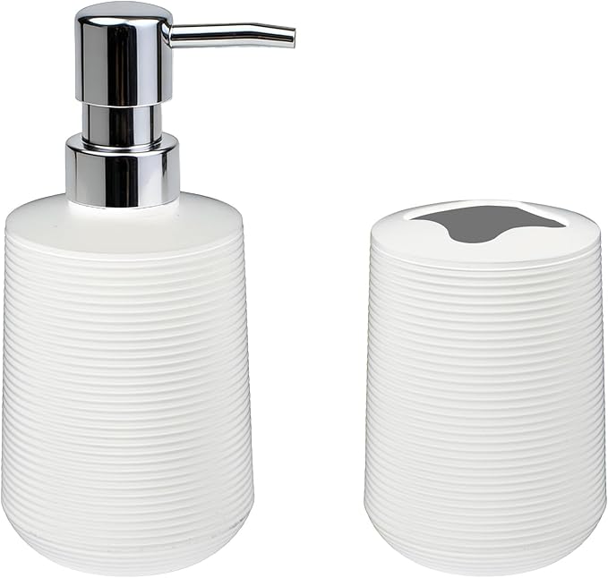 Bathroom Accessories Set, Bathroom Soap Dispenser & Toothbrush Holder Set, 2Pcs High Capacity Bathroom Set in White, Minimalist Boho Style for Clutter-Free Bathroom