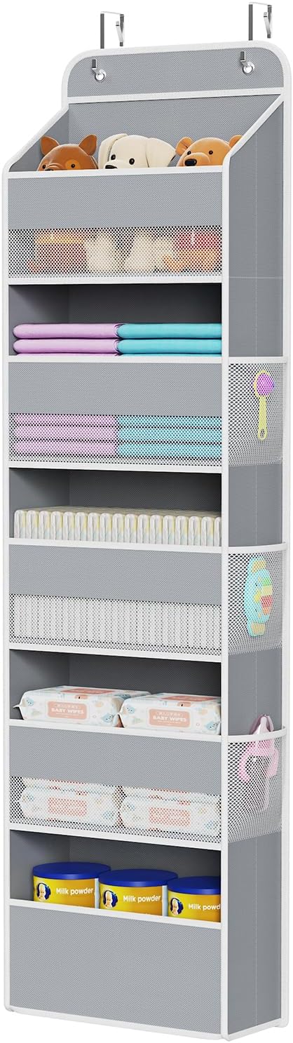 Univivi Hanging Storage Organizer Nursery Closet Cabinet Baby Storage with 5 Large Compartments 6 Side Pockets for Cosmetics, Toys and Sundries (Grey)