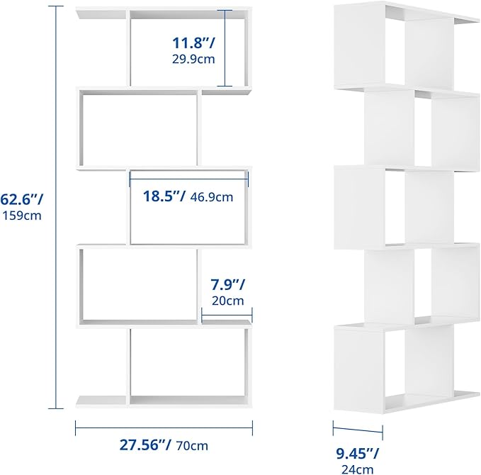 Cozy Castle Set of 2 Geometric Bookcase, S-Shaped Modern Bookshelf, Room Divider Bookshelf, 62" Tall Unique Abstract Bookcase with 5-Tier Display Shelf for Living Room Office, White