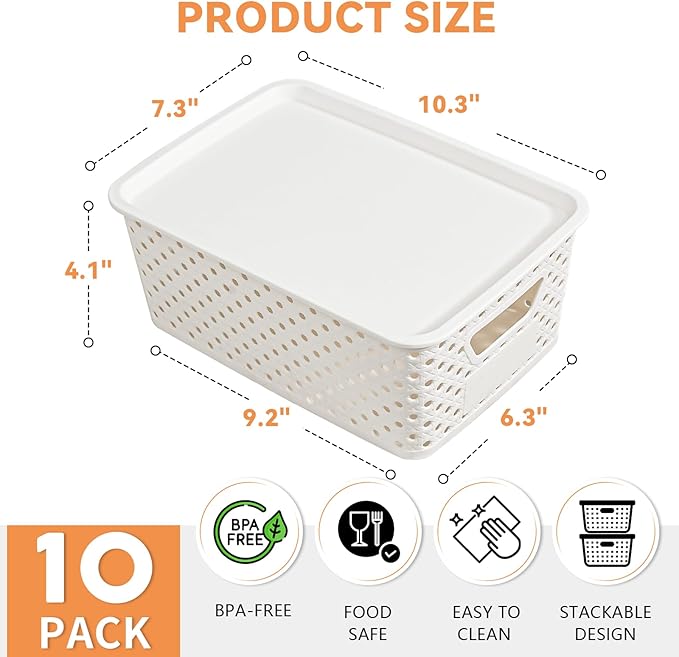 10 Pack Plastic Storage Bins with Lids, Stackable Plastic Storage Baskets for Organizing with Handles, Organizer Bins with Labels for Room, Craft, Containers for Pantry Organizers and Storage