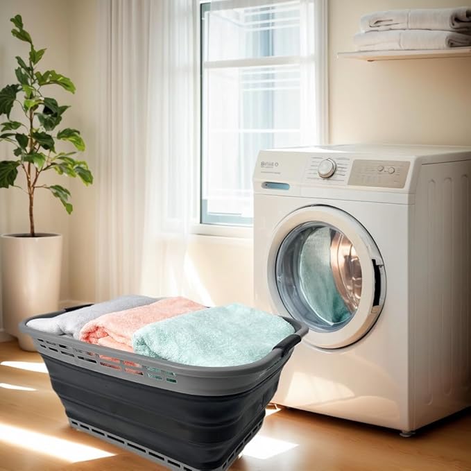 SAMMART 42L (11 Gallons) Collapsible Plastic Laundry Basket - Foldable Pop Up Storage Container/Organizer - Portable Washing Tub - Space Saving Hamper/Basket [BPA Free] (Grey/Black (Set of 2))