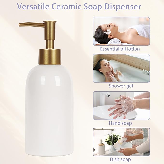 Natheeph 14OZ Ceramic Soap Dispenser Ceramic Soap Pump Dispenser Can Fill Liquid for Bathroom/Kitchen (2PC White)