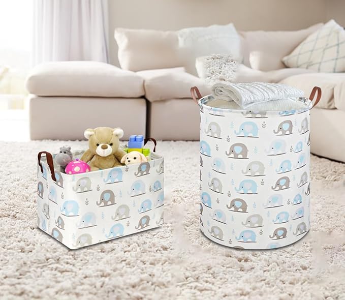 Rectangular Blue Elephant Storage Basket,Collapsible Gift Basket with Handles,Books Box,Room Decor(Blue Elephant)