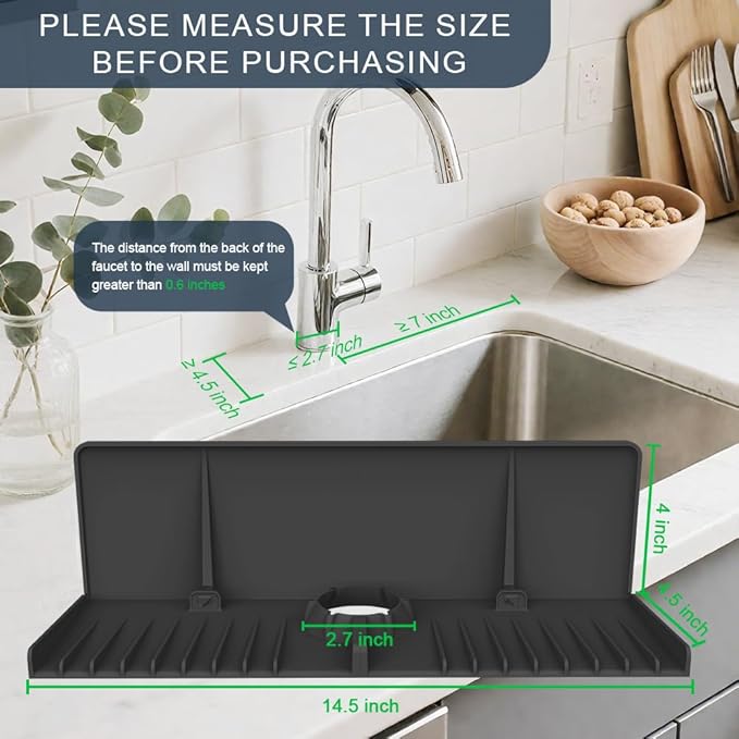 Silicone Faucet Drip Catcher Tray Mat - Upgraded Design - Sink Backsplash Guard Behind Faucet, Silicone Faucet Mat for Dish Soap Sponge Holder, Kitchen Counter Bathroom Kitchen Sink Splash Guard-Black